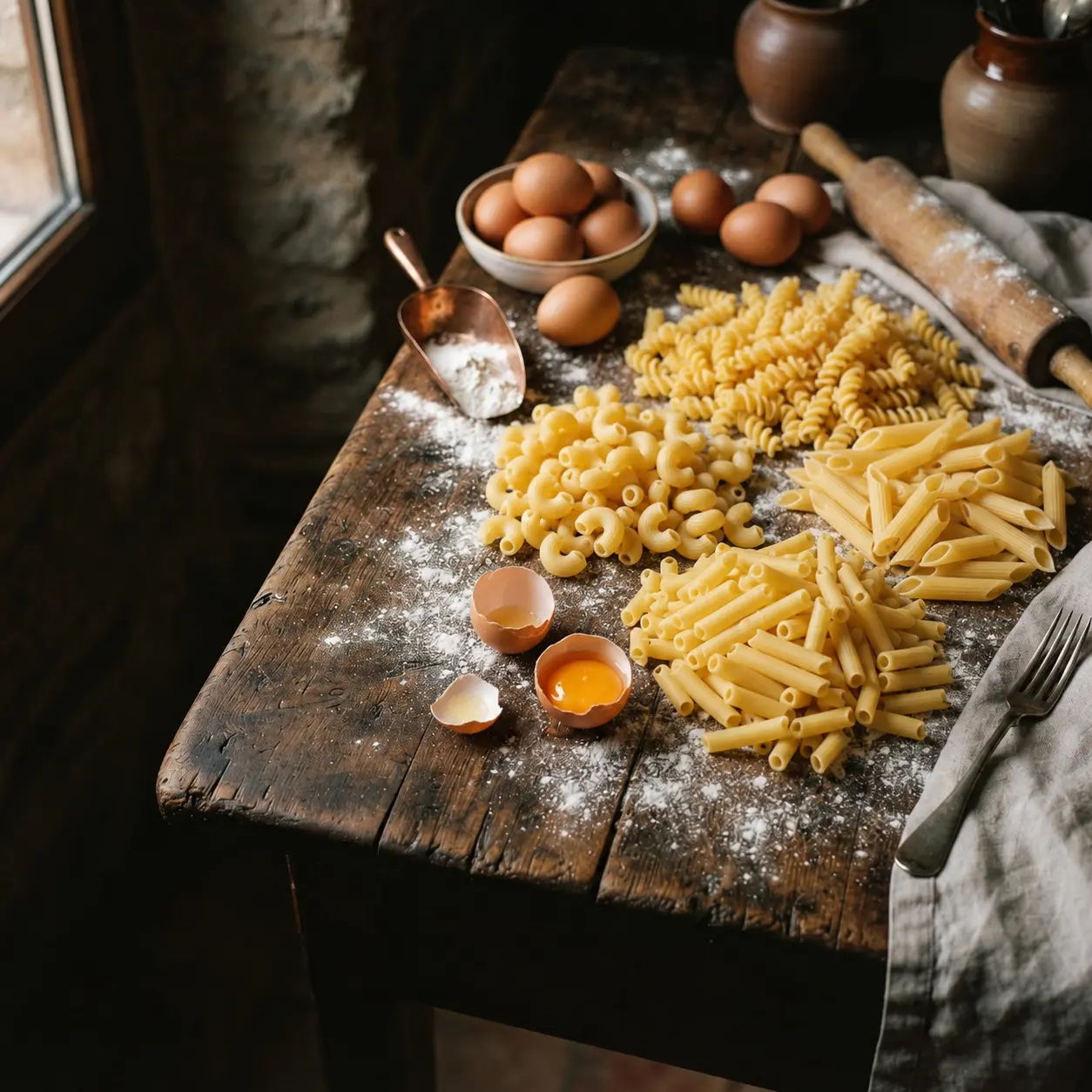 Fresh handmade egg pasta spread across a rustic table with farm eggs and a golden yolk
